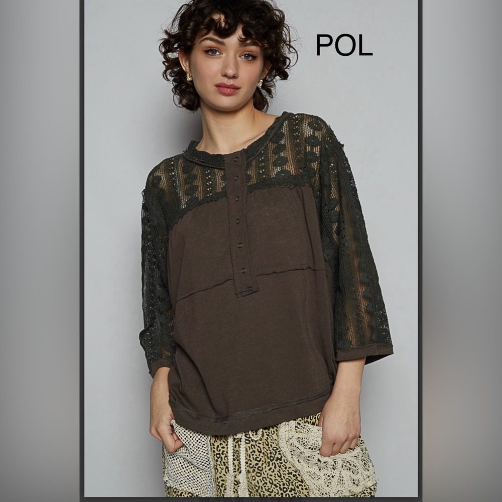 BP215-1🖤POL playful Black& Brown Lace Top w.button placket+lace sleeves+back! - Picture 5 of 6